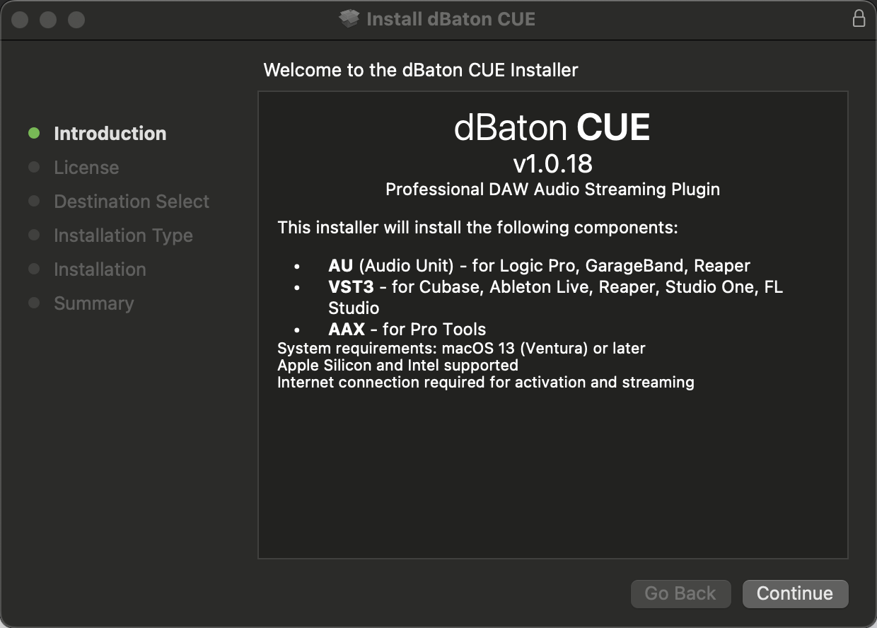 dBaton CUE installer welcome screen
