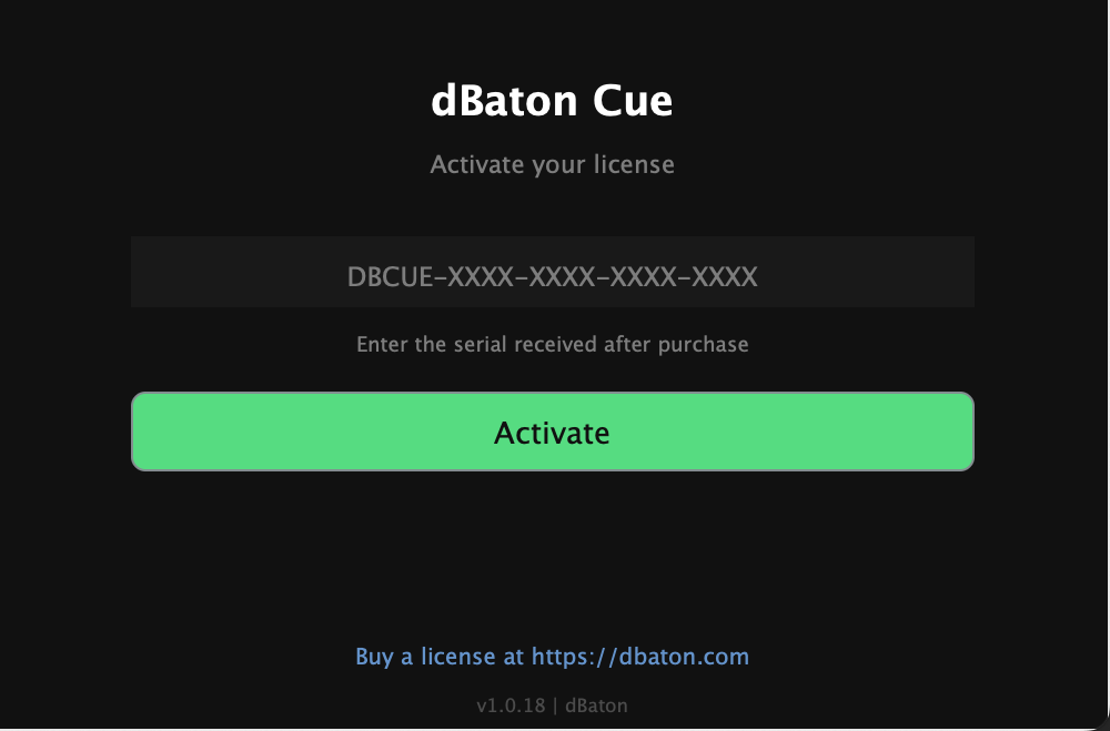 CUE license activation screen
