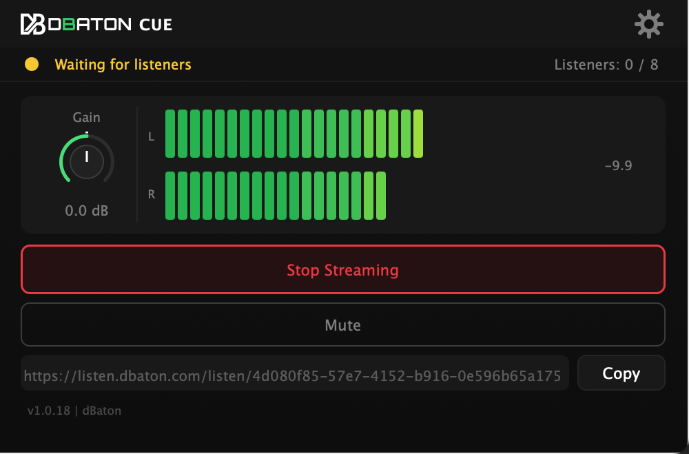 CUE streaming with a generated link and live meters