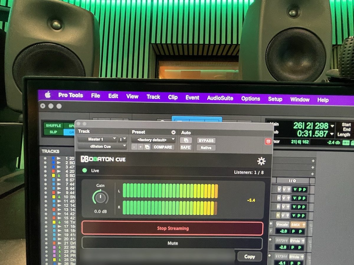 Pro Tools in a recording studio, with the dBaton CUE plugin streaming live to one listener